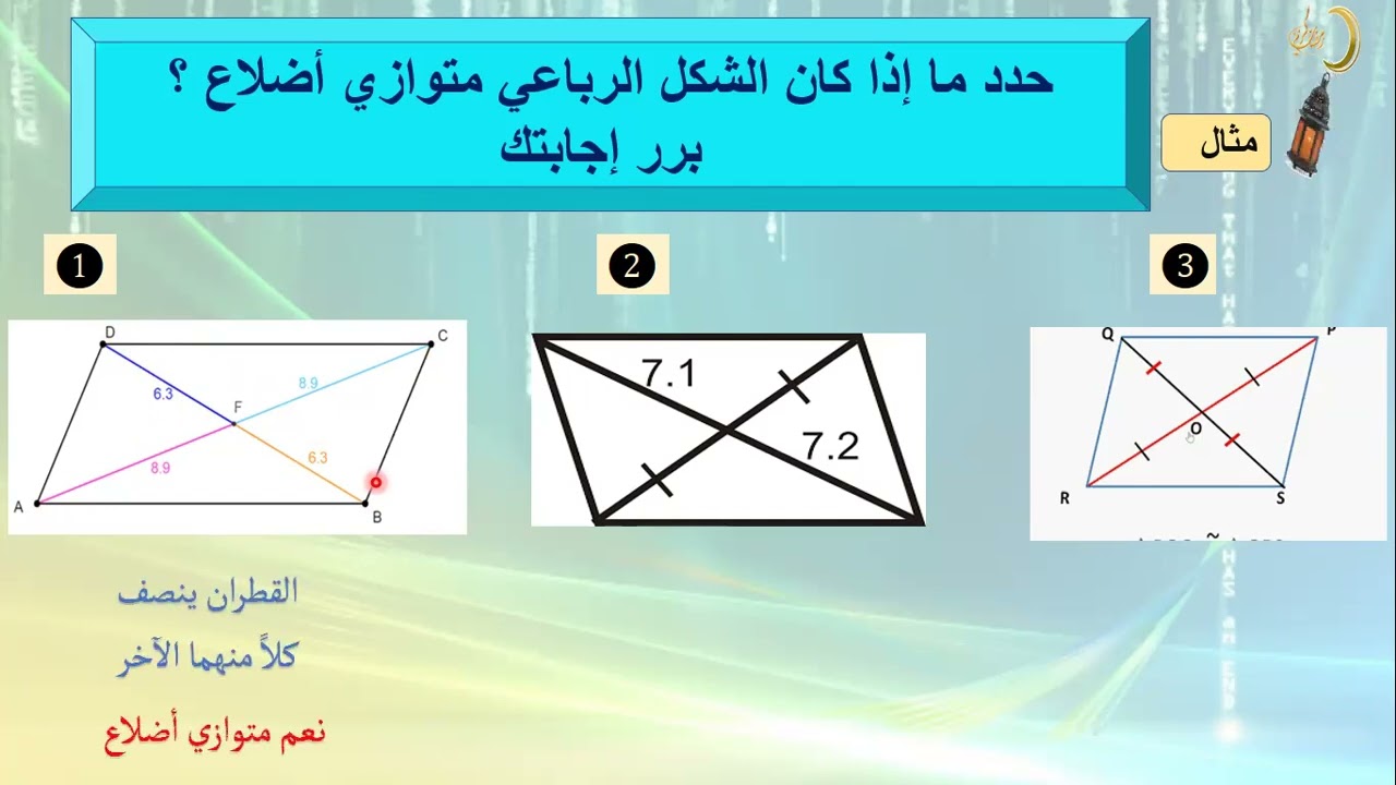 الجزء 1 من درس اختبارات متوازي الاضلاع الوحدة الحادية عشر صف ثامن عام المنهج الاماراتي
