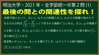 福田の数学〜明治大学2021年全学部統一入試Ⅲ第２問(1)〜楕円と複素数平面