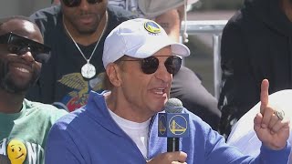 Warriors majority owners Joe Lacob and Peter Guber speak at pre-parade rally