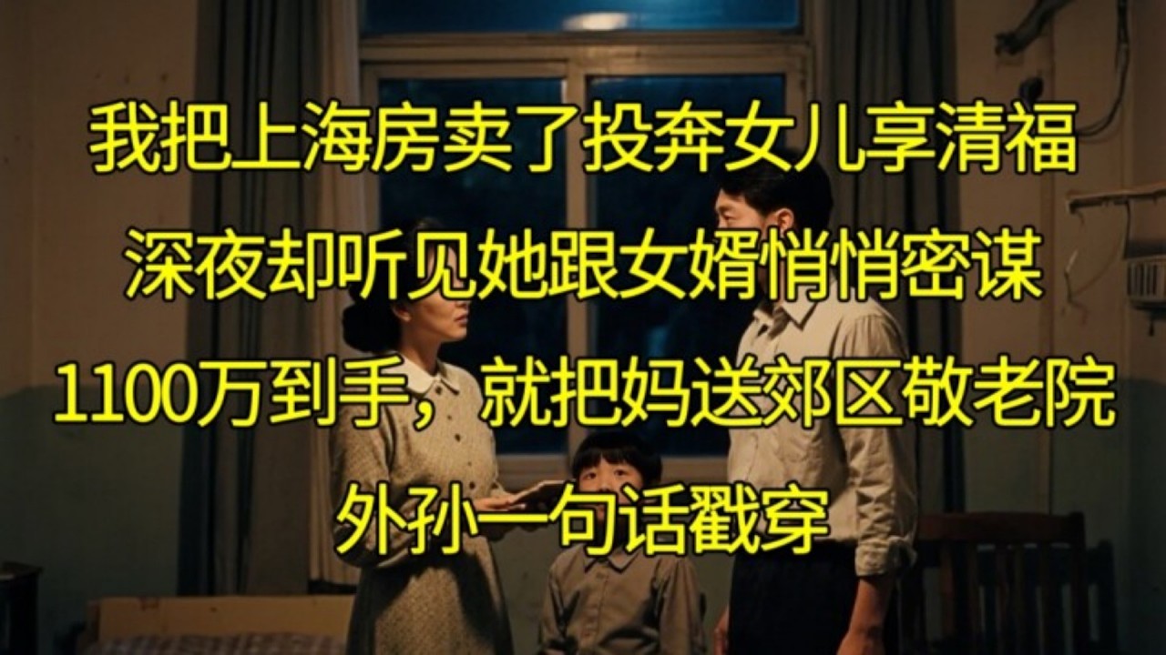 我把上海房賣了投奔女兒享清福，深夜卻聽見她跟女婿悄悄密謀：1100萬到手，就把媽送郊區敬老院，外孫一句話戳穿#家庭情感 #情感故事 #故事 #故事分享 #人生百态