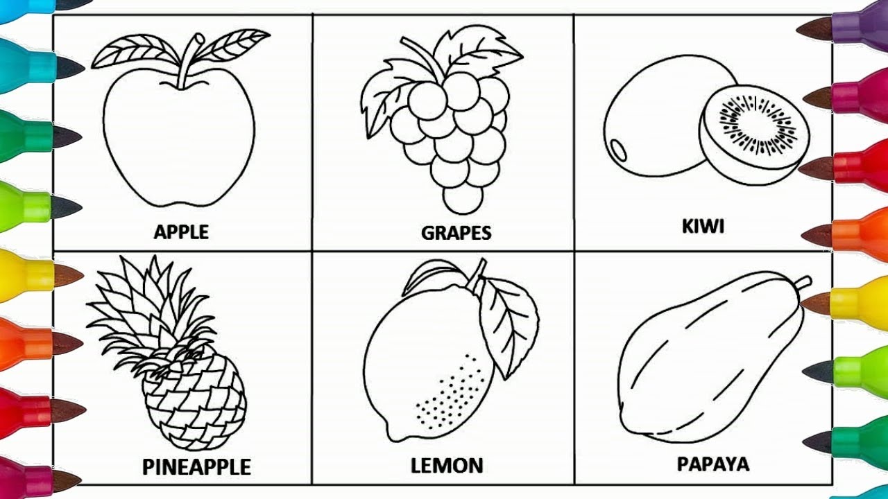 Fruits Coloring Page For Kids 🍎🍇🥝🍍🍋. Learn Colors & Name Of Fruits Ep