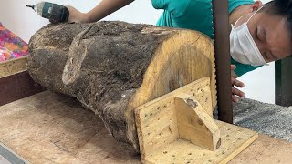 Young Man Skillfully Works With Wood  How To Make Simple Garden Table From Dried Tree Trunks