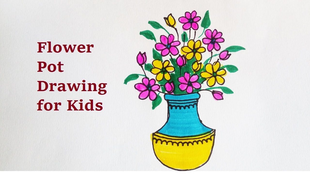 Flower pot drawing for kids | How to draw a flower pot or flower vase