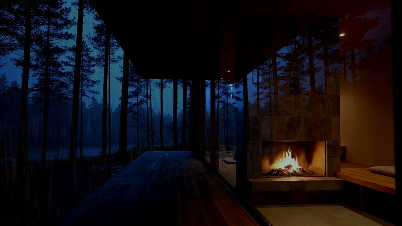 Rainy Night at the Cabin – 3 Hours Rain on Window & Cozy Fireplace