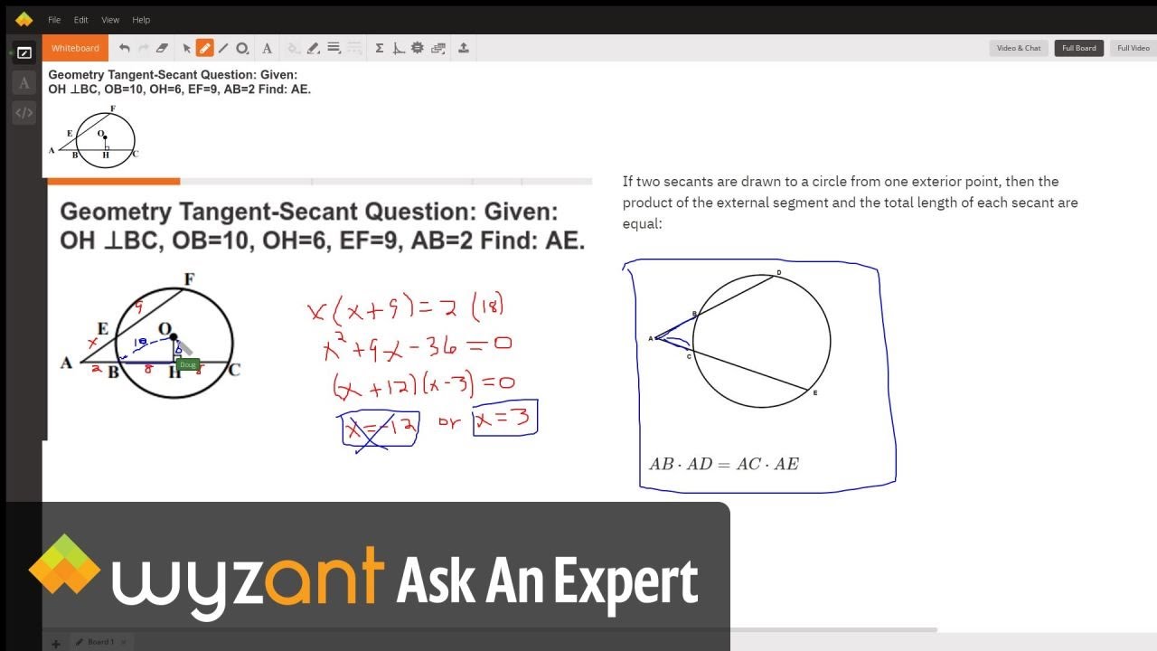 Geometry Tangent Secant Question Given Oh Ob 10 Oh 6 Ef 9 Ab 2 Find Ae Wyzant Ask An Expert