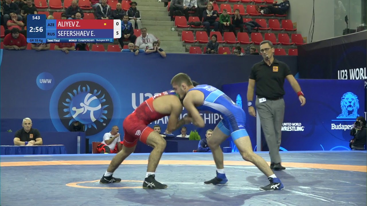 1/2 GR - 55 kg: Z. ALIYEV (AZE) v. E. SEFERSHAEV (RUS)