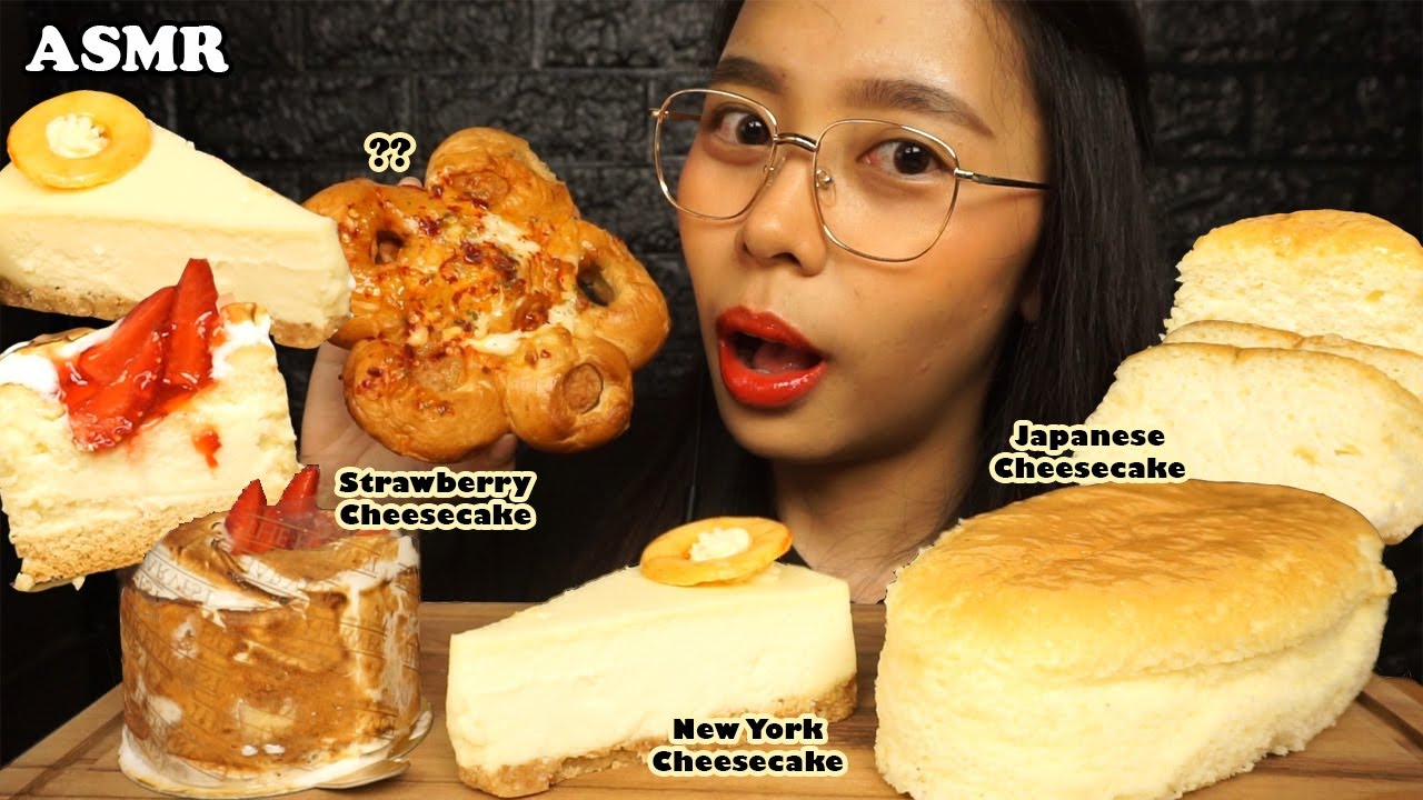 ASMR Various Types of Cheesecakes (Strawberry, New York, Japanese Cheesecake) | Eating Sounds