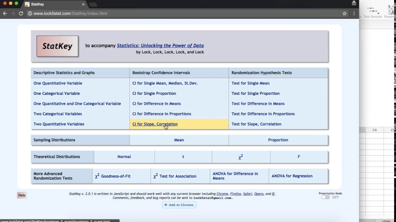 StatKey Percentile Method: 95% CI of the Correlation between Quiz and ...