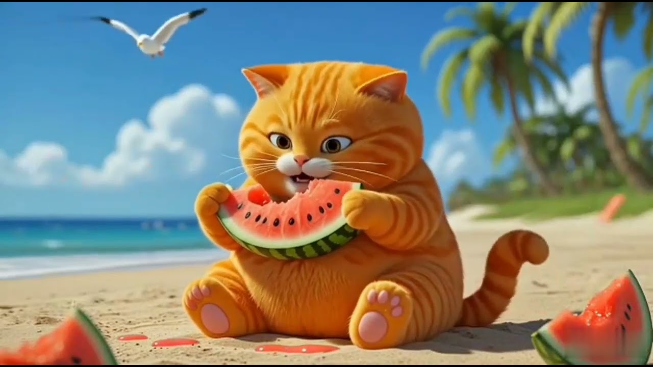 Cute Cat Eating Watermelon at the Beach 🍉🌊🐱