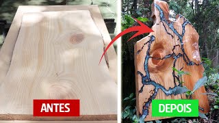 Aprenda a fazer o efeito lichtenberg queimando a madeira e aplicando Resina Epoxi (Wood Burning)