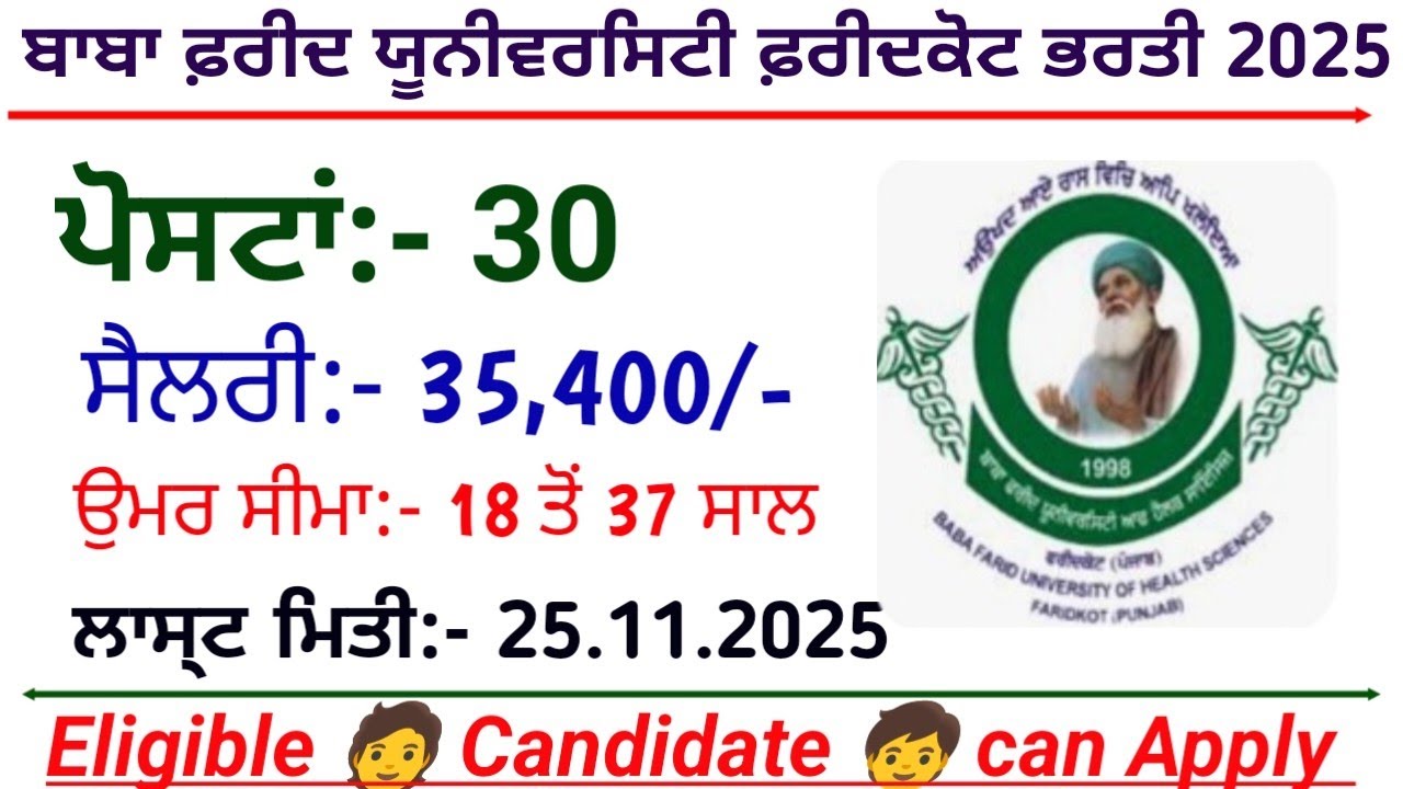 ਬਾਬਾ ਫ਼ਰੀਦ ਯੂਨੀਵਰਸਿਟੀ ਫ਼ਰੀਦਕੋਟ ਭਰਤੀ 2025 / Baba Farid University Faridkot Recruitment 2025