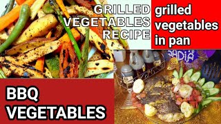 Healthy recipe.Grilled vegetables with grilled fish or grilled chicken.BBQ vegetables in pan