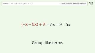 Linear equation with one unknown: Solve 4x-5x+9=3(2x-3)-1x step-by-step solution