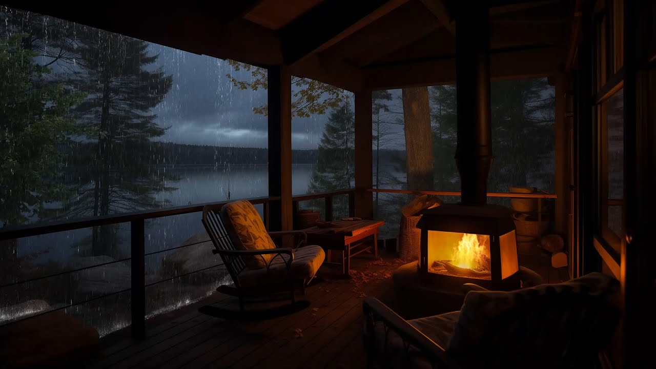 Cozy Rainy Day by the Lake | Cozy Cabin Porch & Fireplace Ambience for ...