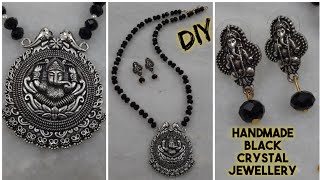 Black Crystal Necklace Making In Telugu | Bead Jewellery Making | Tutorial for Beginners | DIY