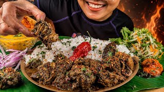 COOKING & EATING SPICY BLACK JACKFRUIT GRAVY WITH DAL CHAWAL, ACHAR, CHUTNEY & BHOOTJOLOKIA MUKBANG