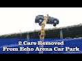 2 cars being removed from Echo Arena Car Park after fire
