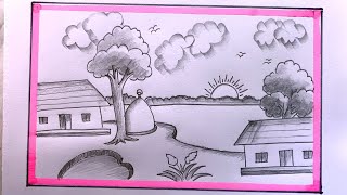 How To Draw Riverside Village Scenery/Beautiful Scenery Drawing