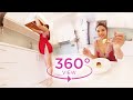 VR 360° Bootyful girl in red sleepwear enjoy Tiramisu with French Bull dog | Pet And Bae