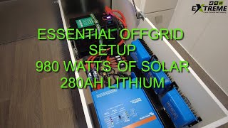 Essential Off Grid, 980w solar, 280ah lithium, runs the Air Conditioner, microwave and more.