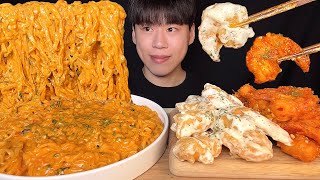 SUB) บะหมี่ครีมเผ็ดเกาหลี & กุ้งครีม & กุ้งพริกกินโชว์│Korean spicy cream noodles mukbang asmr