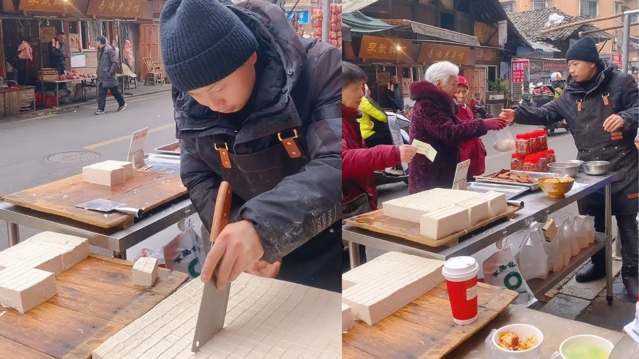 The stall sells tofu, which is freshly made and sold on January 15st.