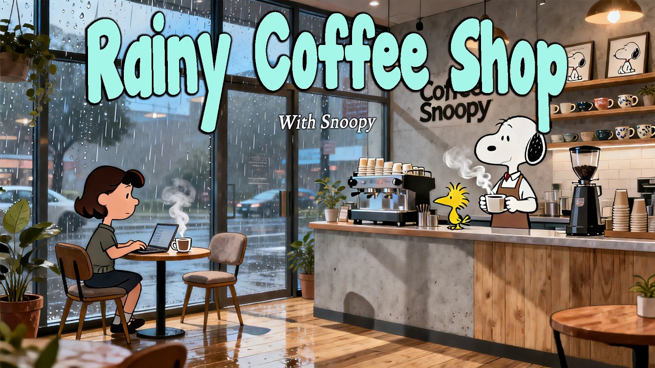 Rainy Coffee Shop with Snoopy ☔  Smooth Jazz Music for Focus and Relaxing Work