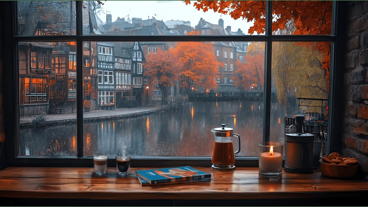 Rainy Autumn Coffee Shop Ambience with Smooth Jazz Relaxing Music ...