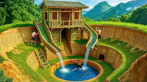 90 Days Building a Bamboo Cliffside House with a Slide into Underground Swimming Pool in the Jungle