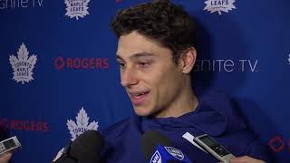 Trevor moore talks with the media following tuesday's morning skate in
los angeles.