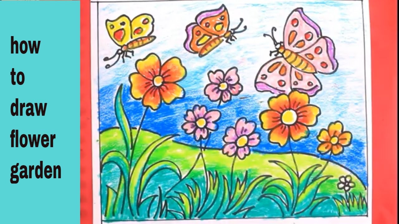 how to Draw flower garden and butterfly step by step/flower darden ...
