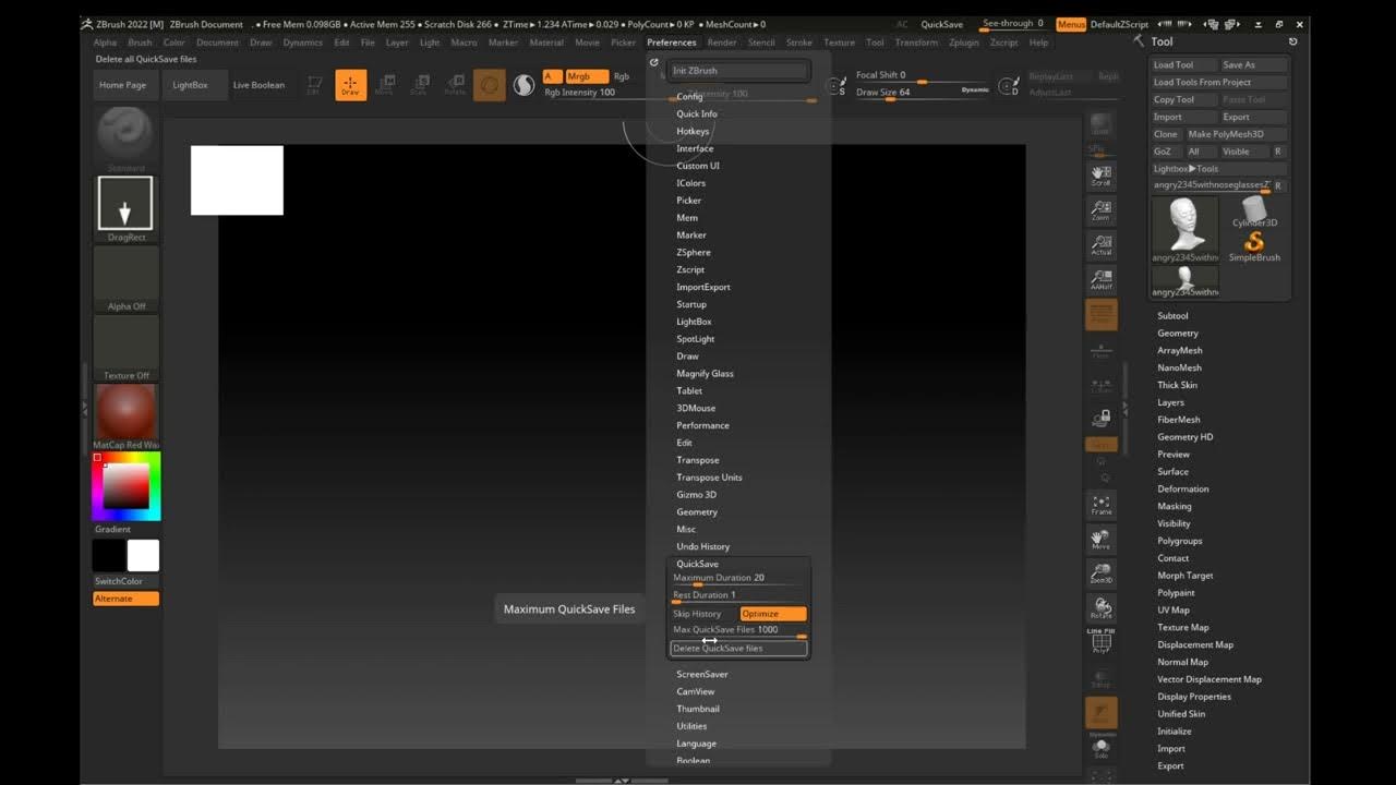 disabling quicksave in zbrush is not working