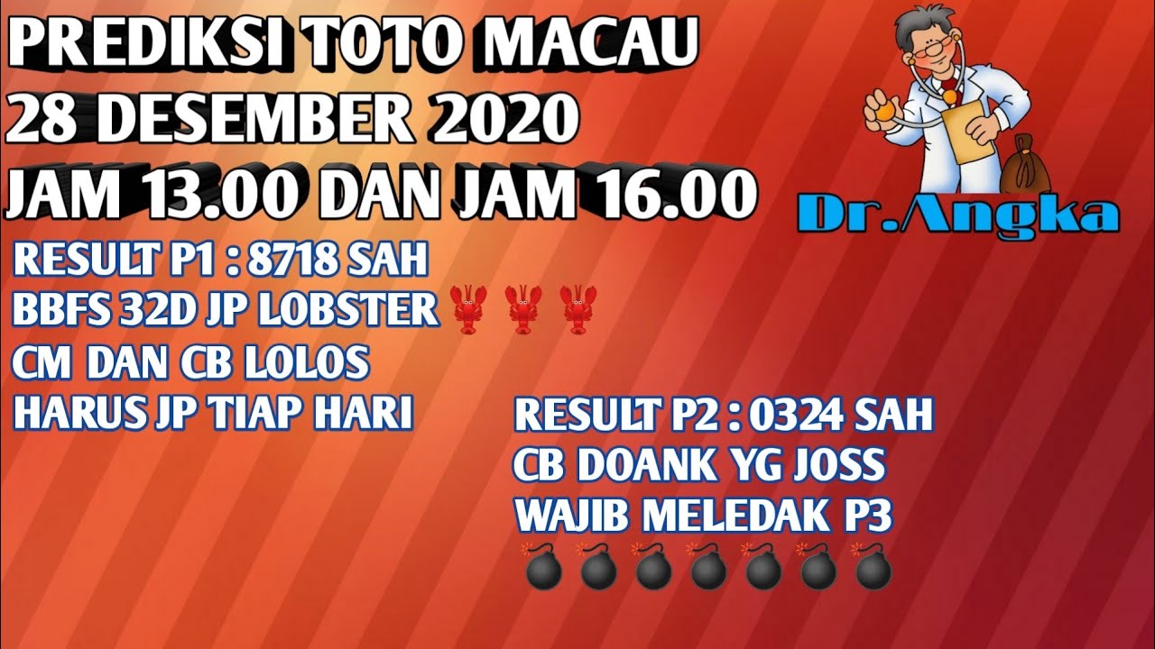 Prediksi Toto Macau 28 Desember 2020 Ttm Jam 13 00 Dan Jam 16 00 Youtube
