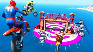 Spiderman SUPER MOTOS with HULK IRONMAN BATMAN - Jump to the Target on the Water - GTA 5 screenshot 1
