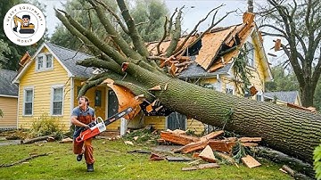 Gevaarlijke snelste idioten: boom zagen met kettingzaag mislukt | Boom valt op huizen #01