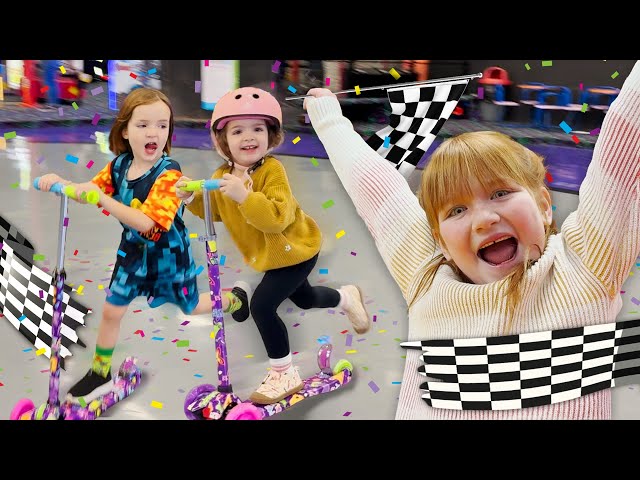 RACiNG SCOOTERS and RiDiNG ROLLERBLADES!!  Adley Niko & Navey play Laser Tag then slide Hide n Seek class=