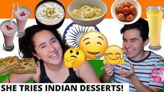 GIRLFRIEND TRIES INDIAN DESSERTS FOR THE FIRST TIME  | Latino couple Indian food reaction | BetoEats