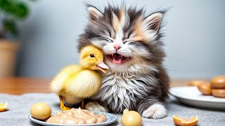 The kitten and duckling share their favorite food together! Eating together is so much fun!  Funny!