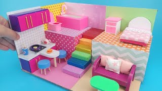 DIY Miniature Cardboard House with swimming pool Kitchen, bedroom, living room with a polymer clay