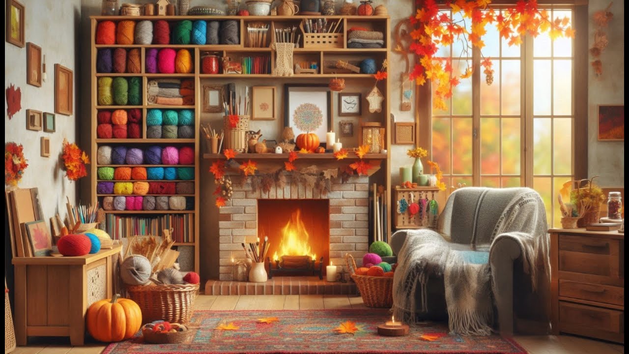 COZY Craft Room with Crackling Fireplace | Fall and Autumn Ambience | Relaxing Fire Ambience Sounds