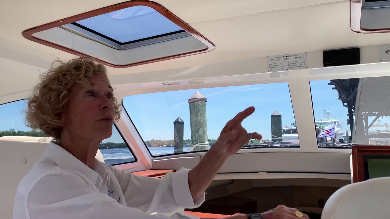 Video Walkthrough of Huckins Yacht 38 Sportsman: Hybrid or Outboard Propulsion.