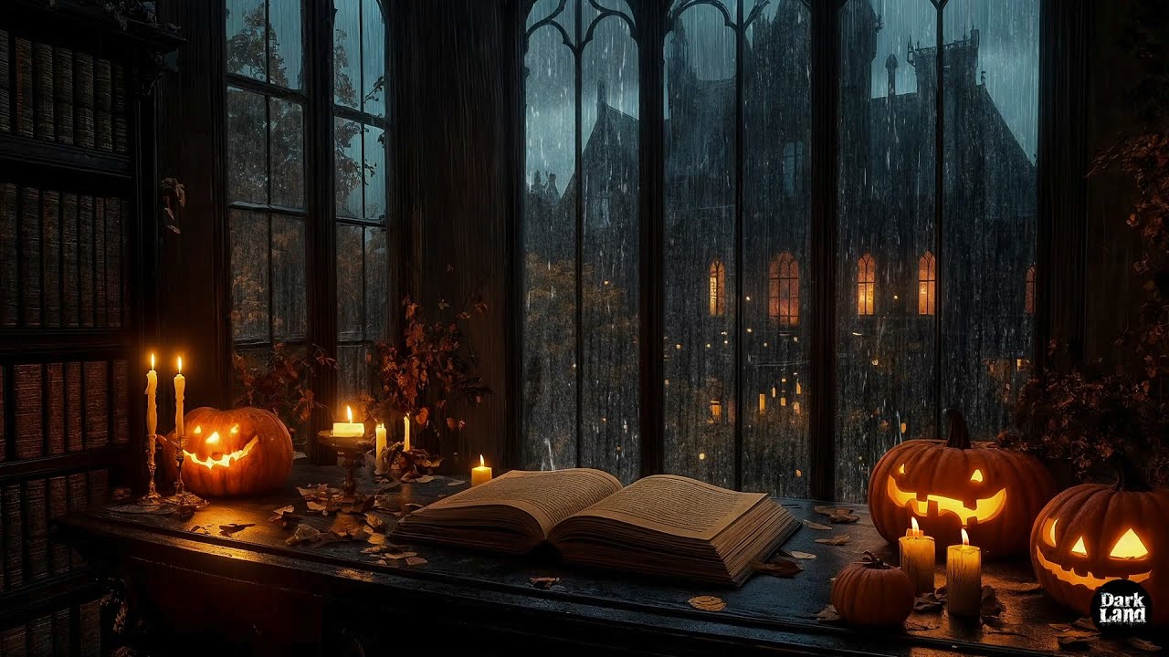 Autumn Spirits & Harp Echoes | Gothic Pumpkin Cottage in the Rain | Dark Academia Ambience