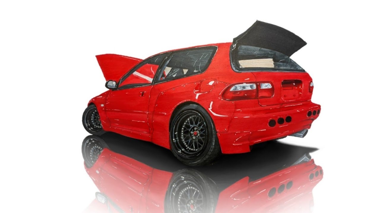 Realistic car drawing - Honda Civic Type-r 2000 - YouTube