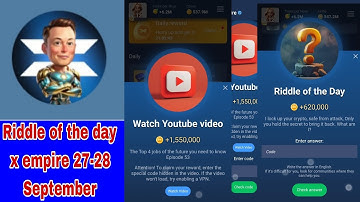 27 September All Quests Code X Empire | Riddle Of The Day | Rebus Of the day | YouTube Video Code