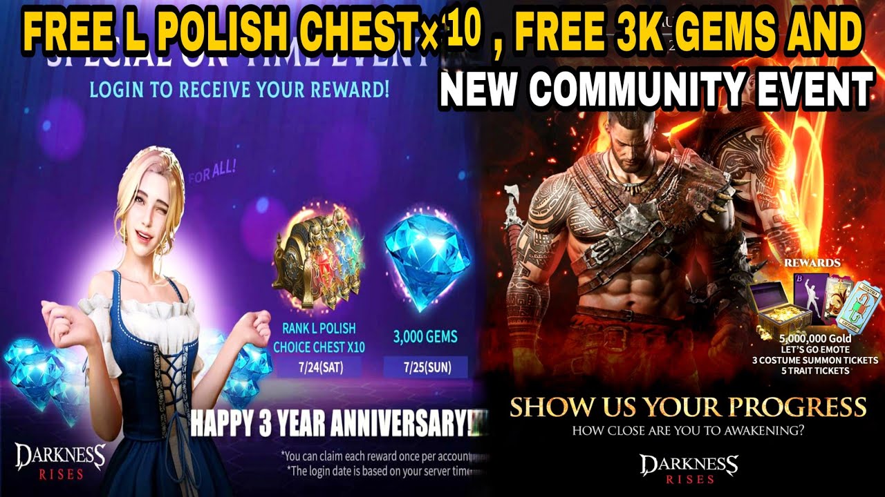 Darkness Rises Free 3k gems and choice rank L polish chest and New Community Event !