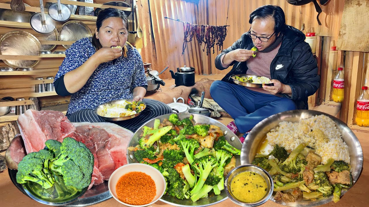 Countryside Life Nepal | Pork & Broccoli Mix Curry | Pork Recipe | Village Family Life Vlog