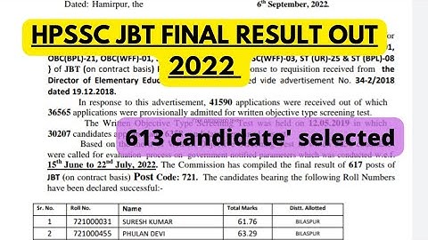 HPSSC JBT 721 FINAL RESULT OUT 2022 || 613 CADIDATE SELECTED || #hpssc #hpsssb #jbtnews #hpjbt