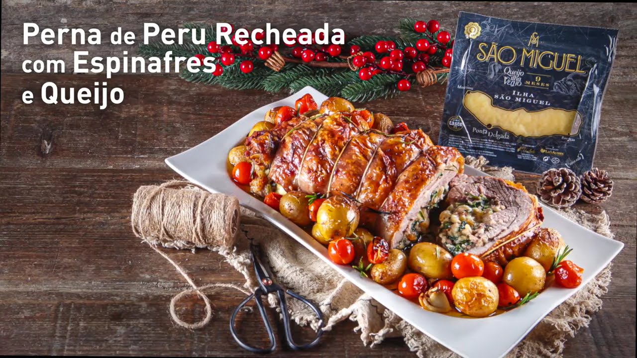 Perna de peru recheada com espinafres e queijo