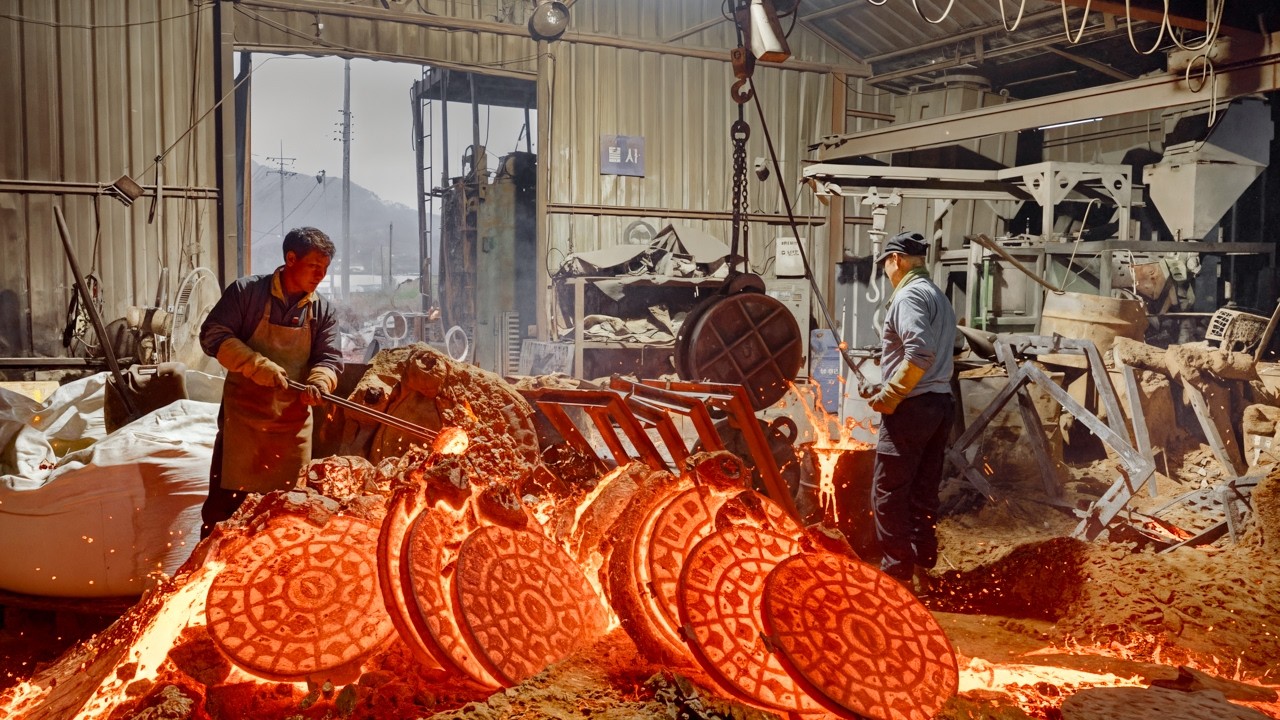 Extreme Process of Recycling Metal Scrap Into Manhole Covers and Giant Valve in Factory
