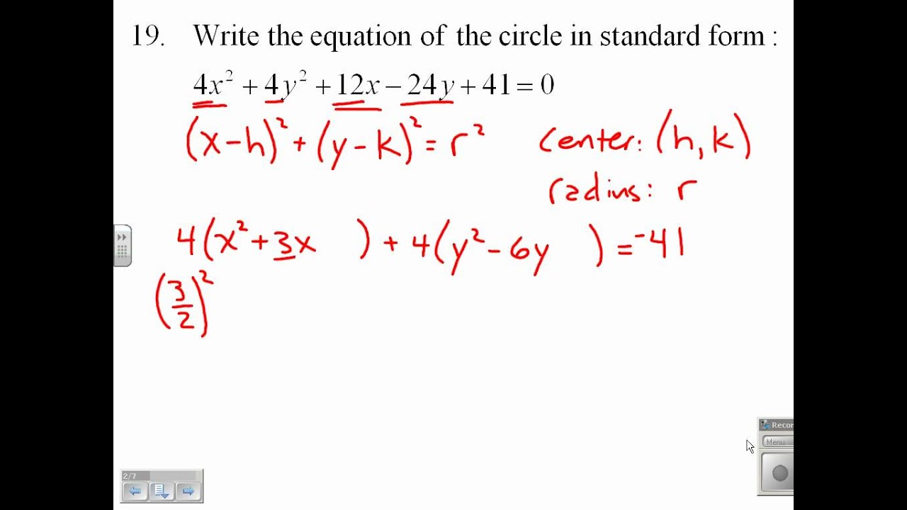 Write the Equation of a Circle in Standard Form 9.1.19